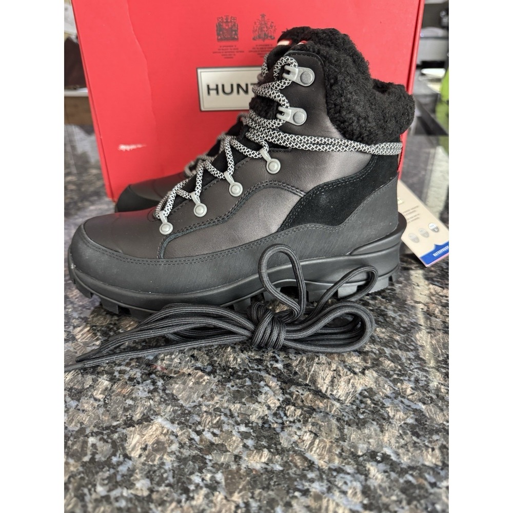NEW‎ HUNTER SIZE 7 WOMEN'S EXPLORER MID LACE LEATHER BLACK BOOTS WATERPROOF